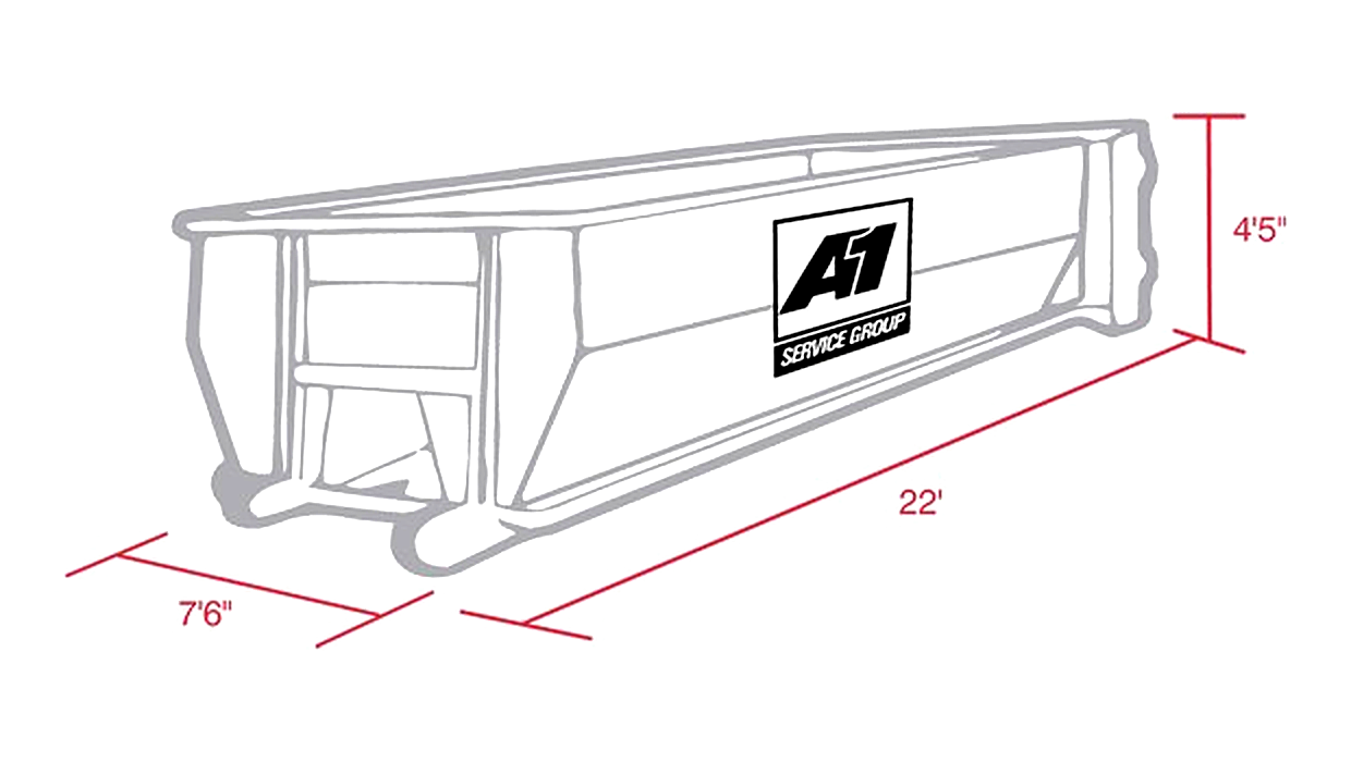 20 yard dumpster dimensions: 22' long × 7'6